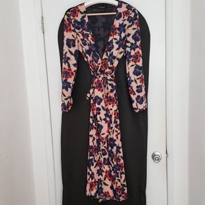 Pink floral long sleeved wrap maxi dress deep v